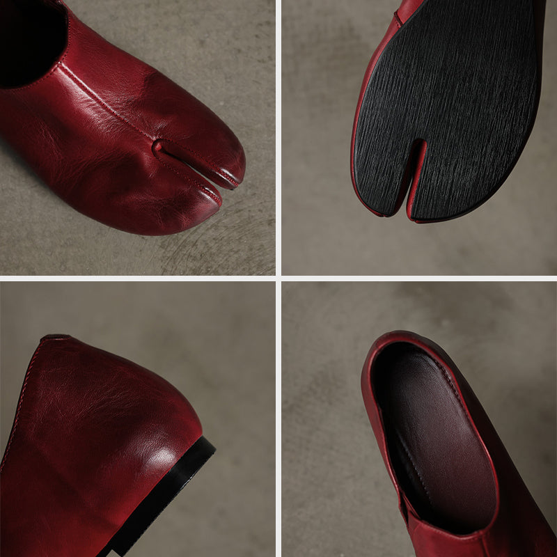 Soft Leather Tabi Flat Shoes Split Toe Slip-On Ballet Flats with Hidden Wedge in Wine Red/Black/Beige