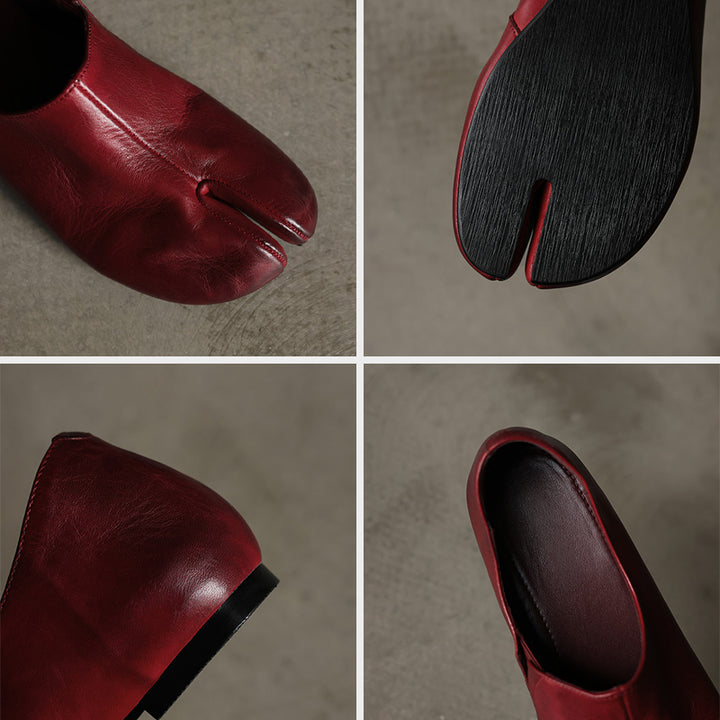 Soft Leather Tabi Flat Shoes Split Toe Slip-On Ballet Flats with Hidden Wedge in Wine Red/Black/Beige