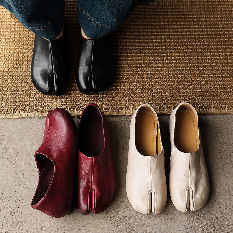 Soft Leather Tabi Flat Shoes Split Toe Slip-On Ballet Flats with Hidden Wedge in Wine Red/Black/Beige