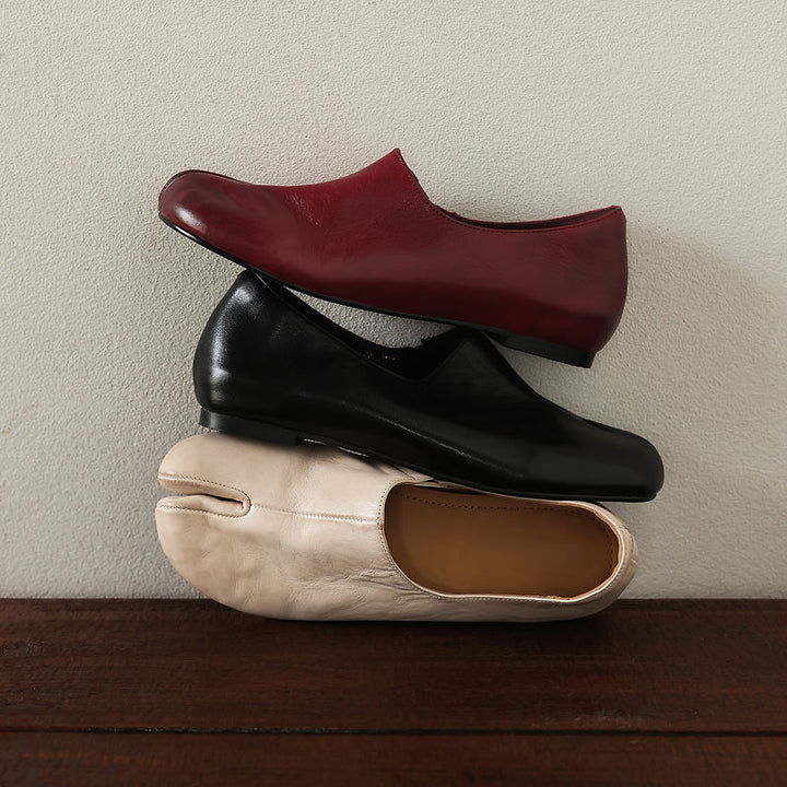 Soft Leather Tabi Flat Shoes Split Toe Slip-On Ballet Flats with Hidden Wedge in Wine Red/Black/Beige