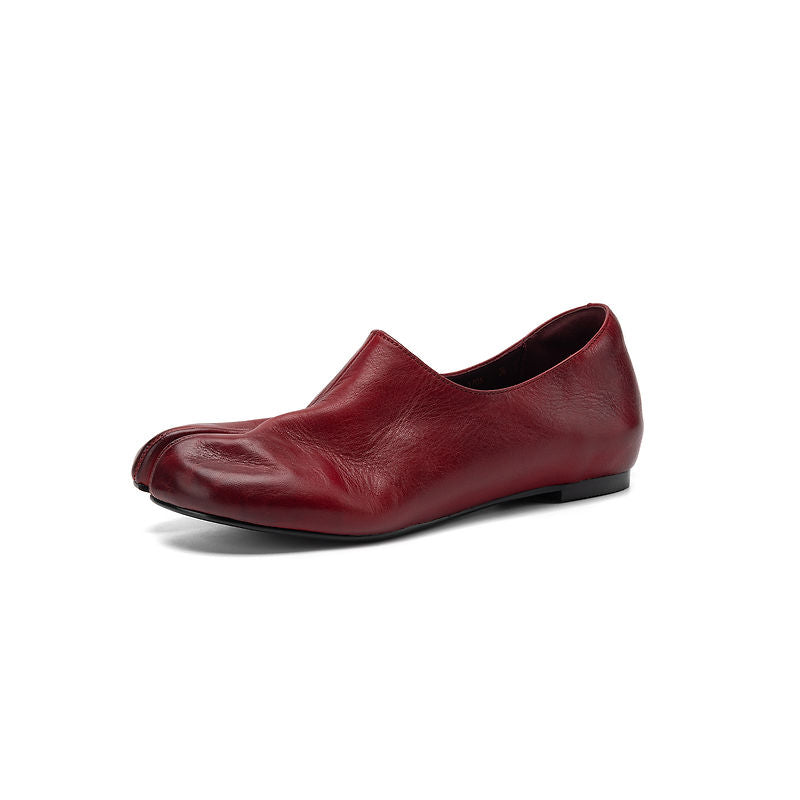 Soft Leather Tabi Flat Shoes Split Toe Slip-On Ballet Flats with Hidden Wedge in Wine Red/Black/Beige