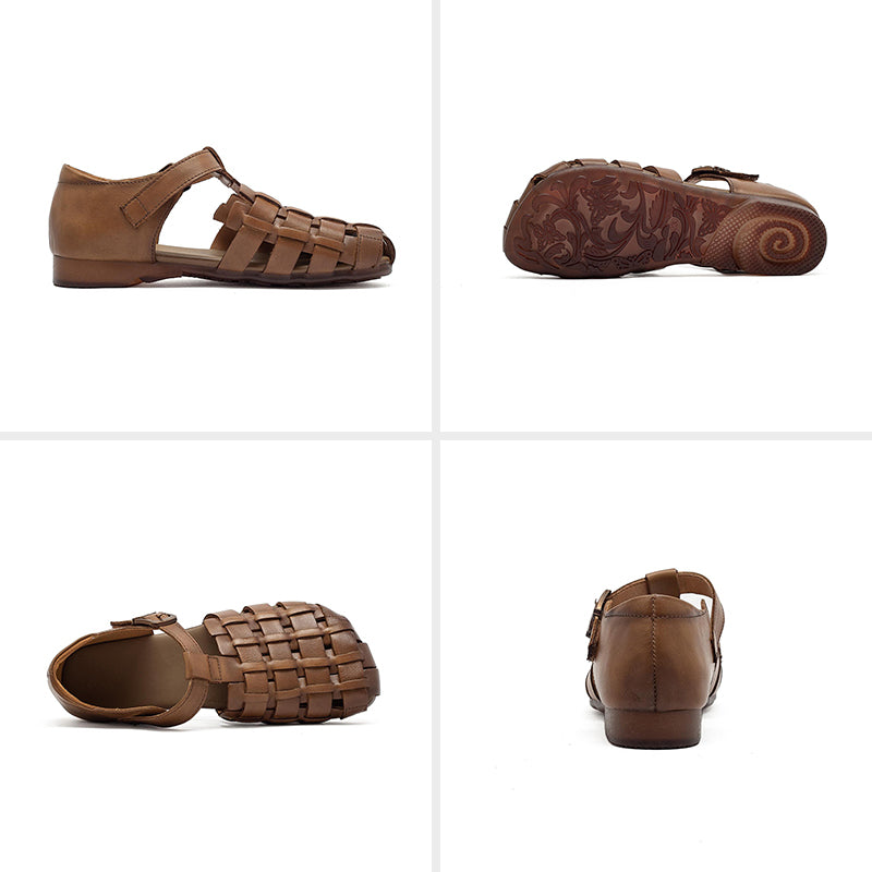 Mori Girl Woven T-Strap Fisherman Sandals Closed Toe Flat Leather Shoes in Dark Brown/Beige/Khaki