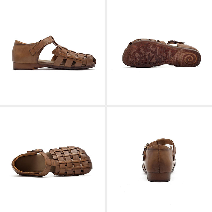 Mori Girl Woven T-Strap Fisherman Sandals Closed Toe Flat Leather Shoes in Dark Brown/Beige/Khaki