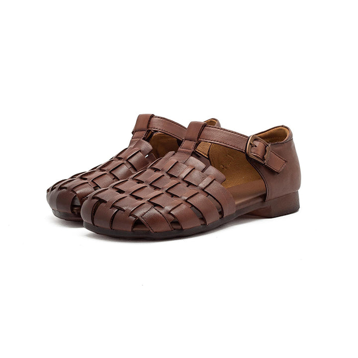 Mori Girl Woven T-Strap Fisherman Sandals Closed Toe Flat Leather Shoes in Dark Brown/Beige/Khaki
