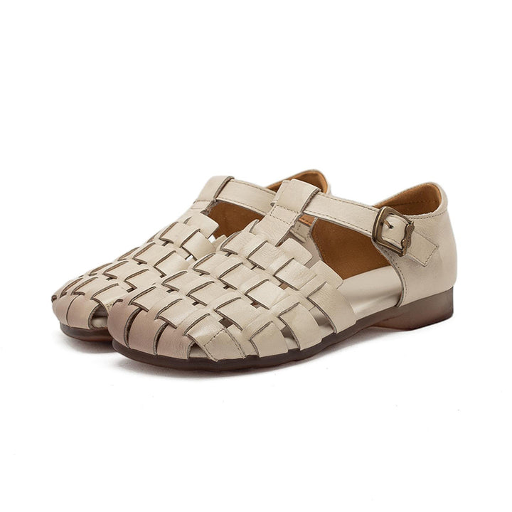 Mori Girl Woven T-Strap Fisherman Sandals Closed Toe Flat Leather Shoes in Dark Brown/Beige/Khaki