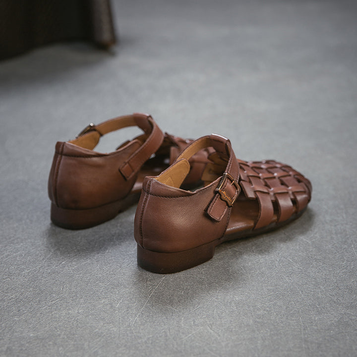 Mori Girl Woven T-Strap Fisherman Sandals Closed Toe Flat Leather Shoes in Dark Brown/Beige/Khaki