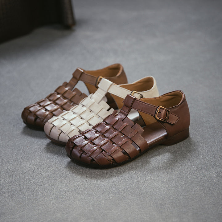 Mori Girl Woven T-Strap Fisherman Sandals Closed Toe Flat Leather Shoes in Dark Brown/Beige/Khaki