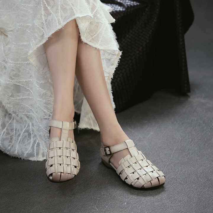 Mori Girl Woven T-Strap Fisherman Sandals Closed Toe Flat Leather Shoes in Dark Brown/Beige/Khaki