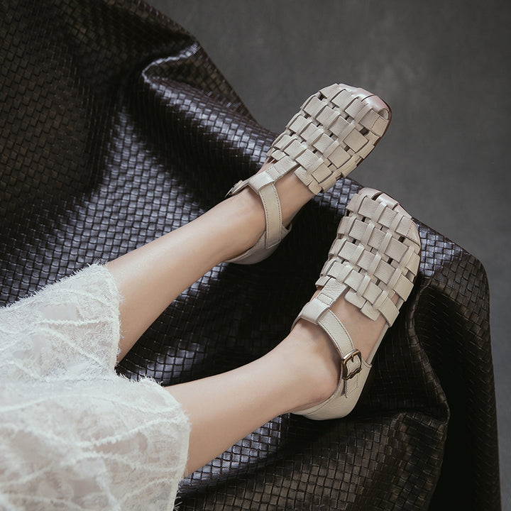Mori Girl Woven T-Strap Fisherman Sandals Closed Toe Flat Leather Shoes in Dark Brown/Beige/Khaki