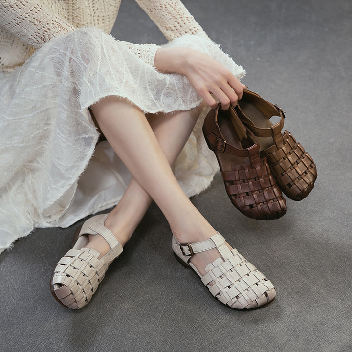 Mori Girl Woven T-Strap Fisherman Sandals Closed Toe Flat Leather Shoes in Dark Brown/Beige/Khaki