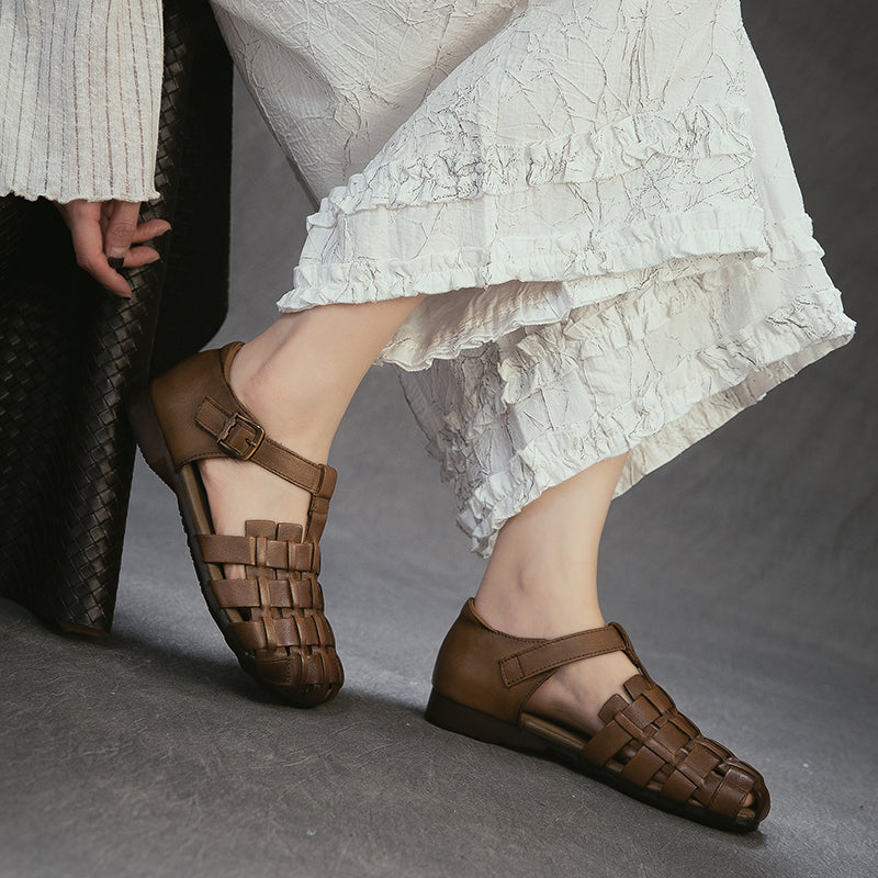 Mori Girl Woven T-Strap Fisherman Sandals Closed Toe Flat Leather Shoes in Dark Brown/Beige/Khaki