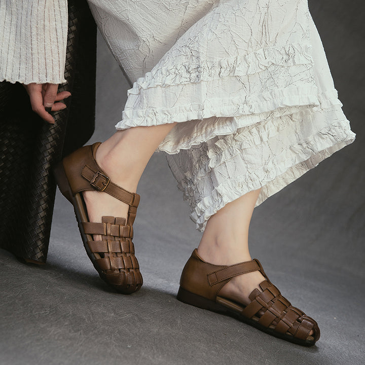 Mori Girl Woven T-Strap Fisherman Sandals Closed Toe Flat Leather Shoes in Dark Brown/Beige/Khaki