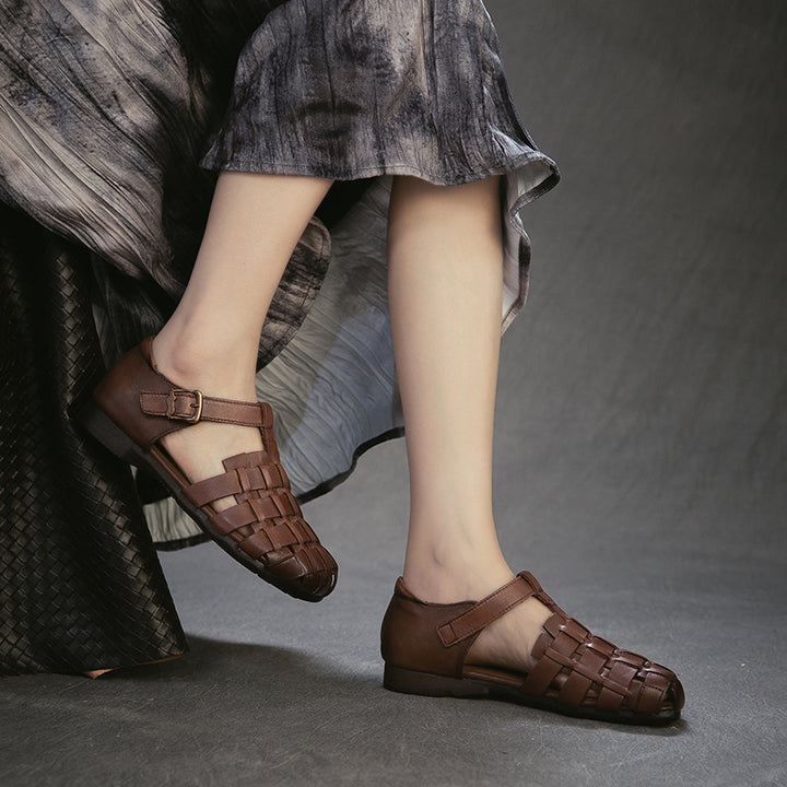 Mori Girl Woven T-Strap Fisherman Sandals Closed Toe Flat Leather Shoes in Dark Brown/Beige/Khaki
