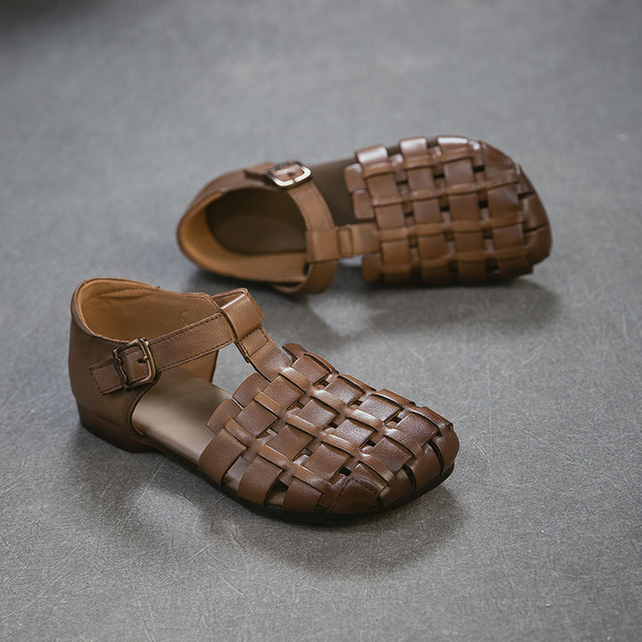 Mori Girl Woven T-Strap Fisherman Sandals Closed Toe Flat Leather Shoes in Dark Brown/Beige/Khaki