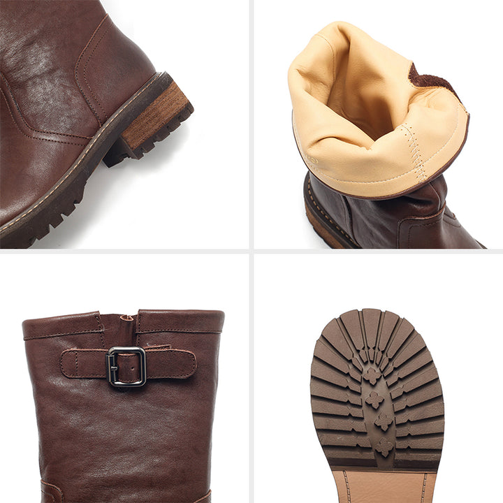 Dwarves Handmade Leather Buckle Strap Mid-Calf Engineer Boots in Yellow/Reddish Brown/Black