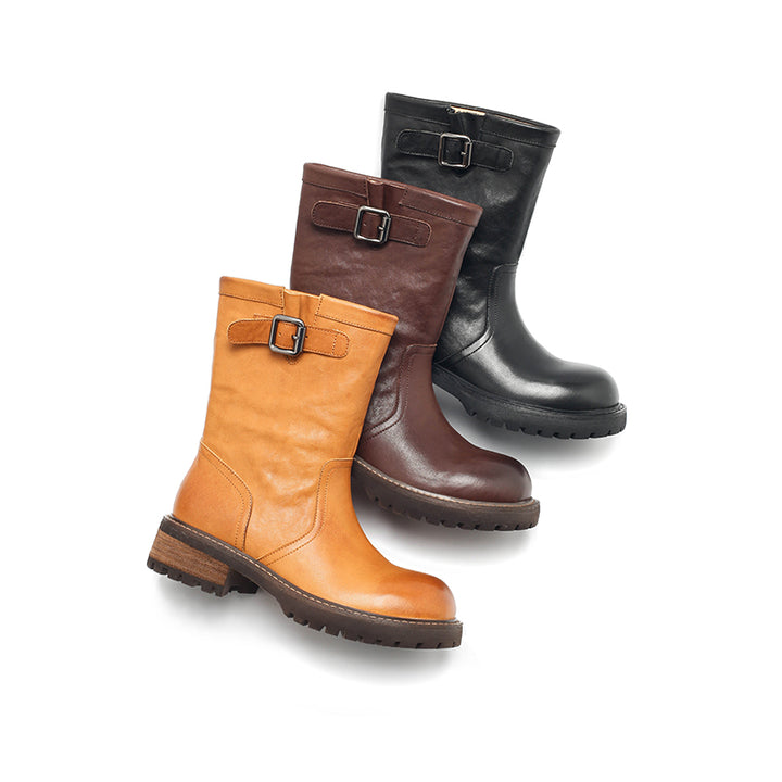 Dwarves Handmade Leather Buckle Strap Mid-Calf Engineer Boots in Yellow/Reddish Brown/Black
