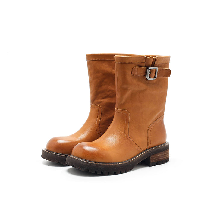 Dwarves Handmade Leather Buckle Strap Mid-Calf Engineer Boots in Yellow/Reddish Brown/Black
