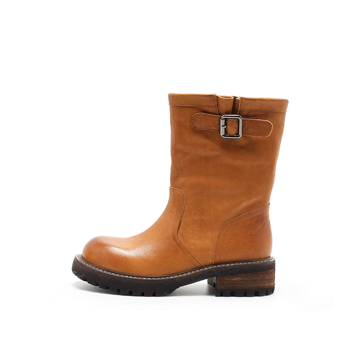 Dwarves Handmade Leather Buckle Strap Mid-Calf Engineer Boots in Yellow/Reddish Brown/Black