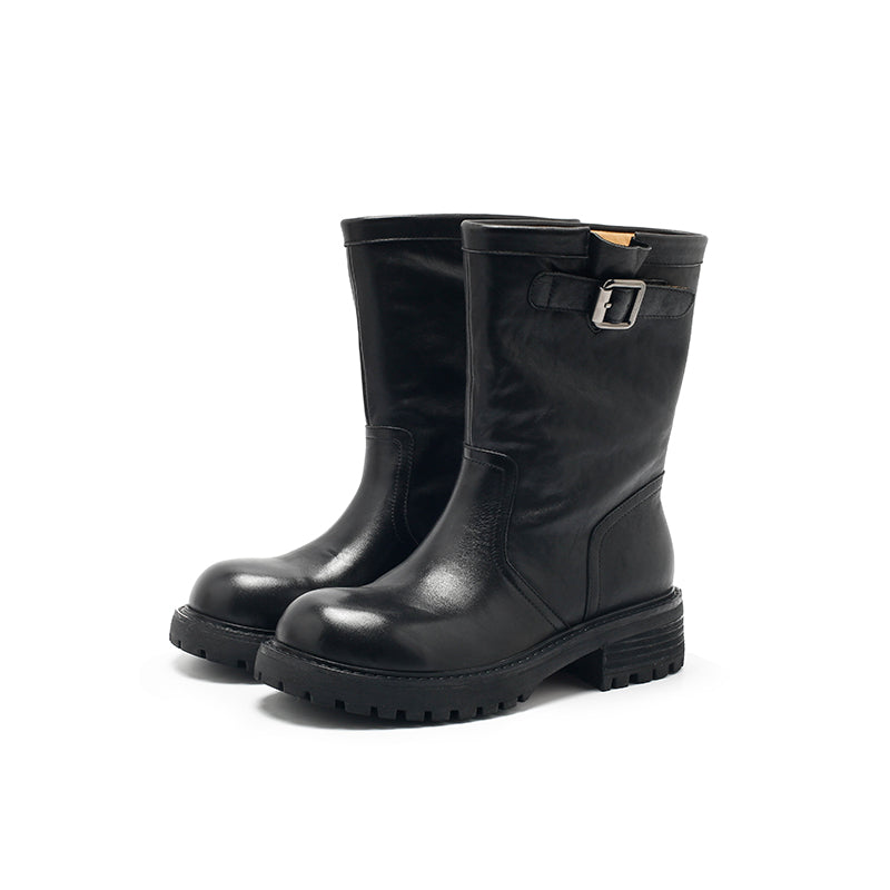 Dwarves Handmade Leather Buckle Strap Mid-Calf Engineer Boots in Yellow/Reddish Brown/Black