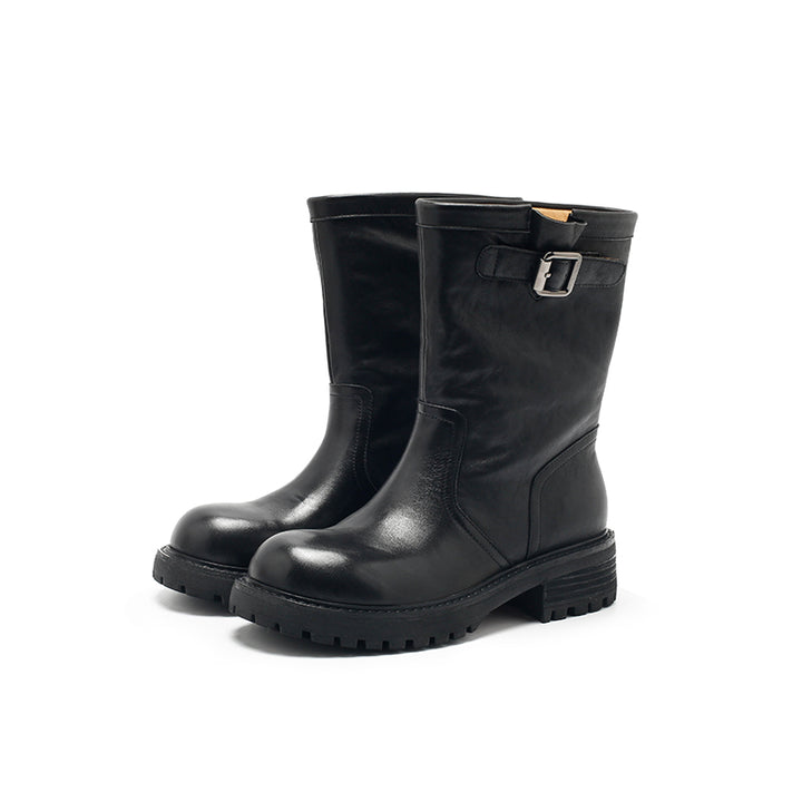 Dwarves Handmade Leather Buckle Strap Mid-Calf Engineer Boots in Yellow/Reddish Brown/Black