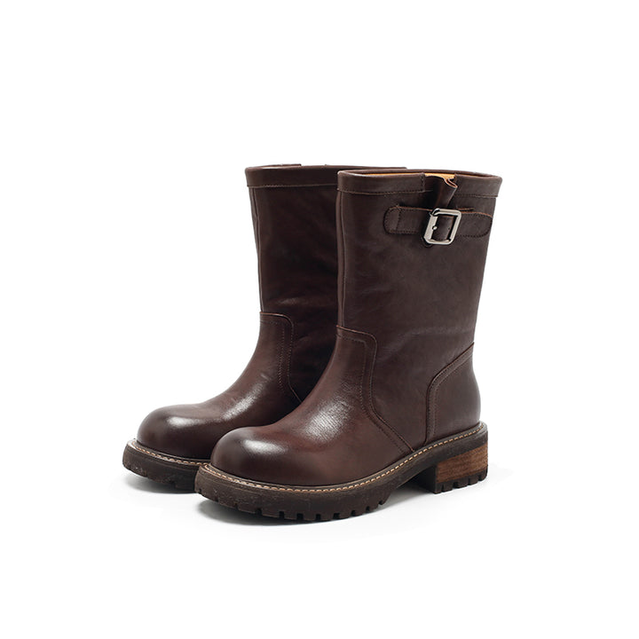 Dwarves Handmade Leather Buckle Strap Mid-Calf Engineer Boots in Yellow/Reddish Brown/Black