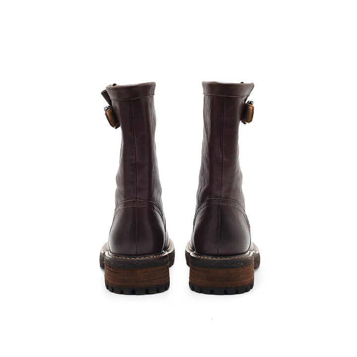 Dwarves Handmade Leather Buckle Strap Mid-Calf Engineer Boots in Yellow/Reddish Brown/Black