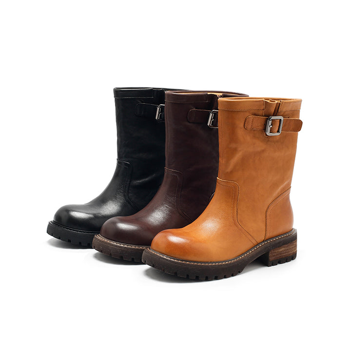 Dwarves Handmade Leather Buckle Strap Mid-Calf Engineer Boots in Yellow/Reddish Brown/Black
