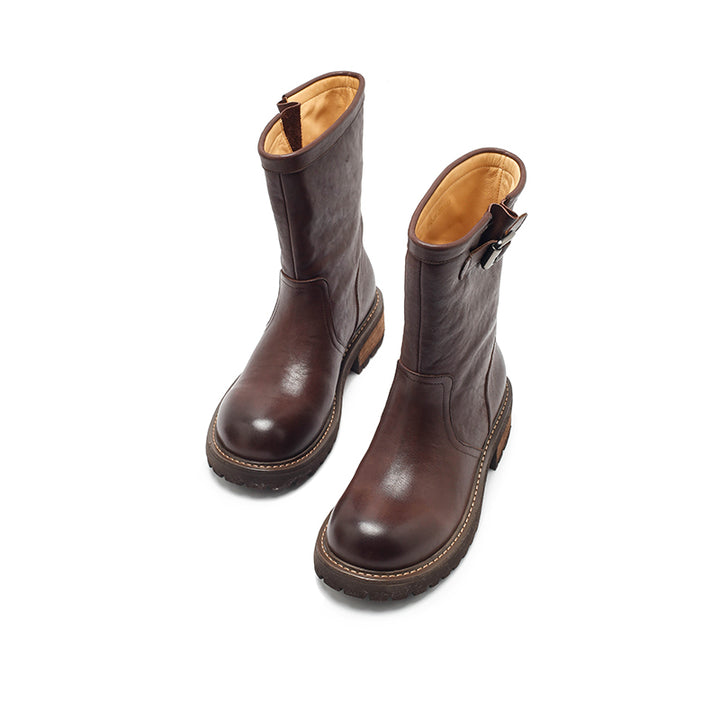 Dwarves Handmade Leather Buckle Strap Mid-Calf Engineer Boots in Yellow/Reddish Brown/Black