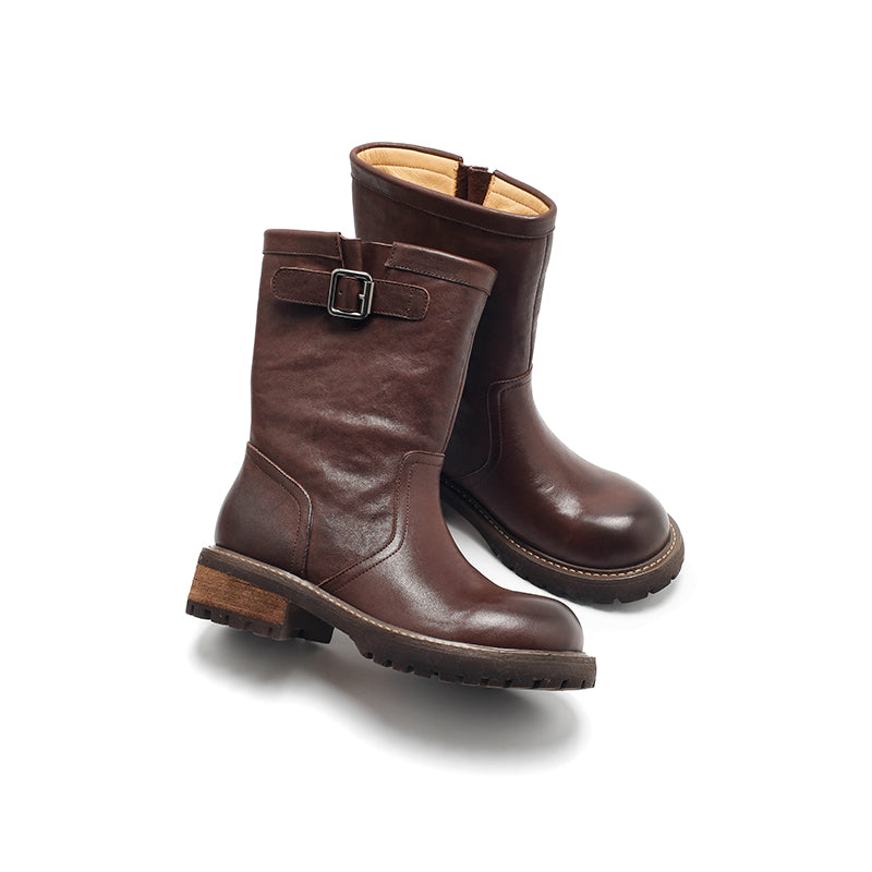 Dwarves Handmade Leather Buckle Strap Mid-Calf Engineer Boots in Yellow/Reddish Brown/Black