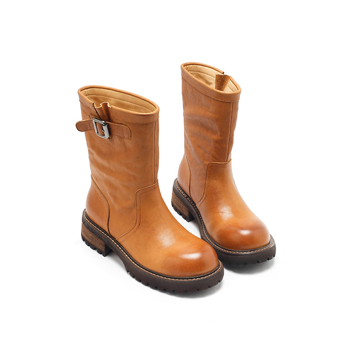 Dwarves Handmade Leather Buckle Strap Mid-Calf Engineer Boots in Yellow/Reddish Brown/Black