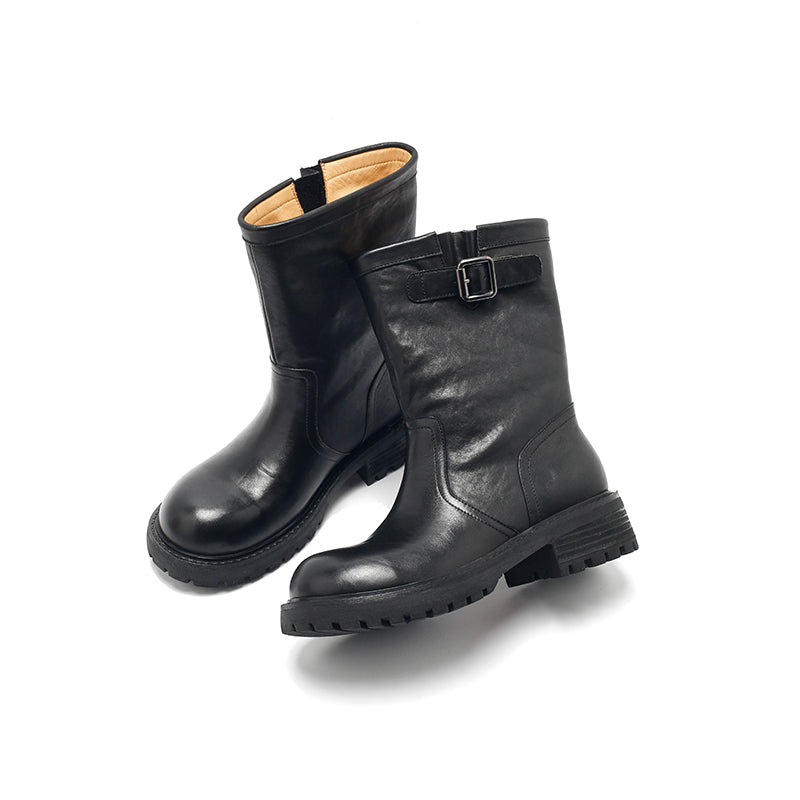 Dwarves Handmade Leather Buckle Strap Mid-Calf Engineer Boots in Yellow/Reddish Brown/Black