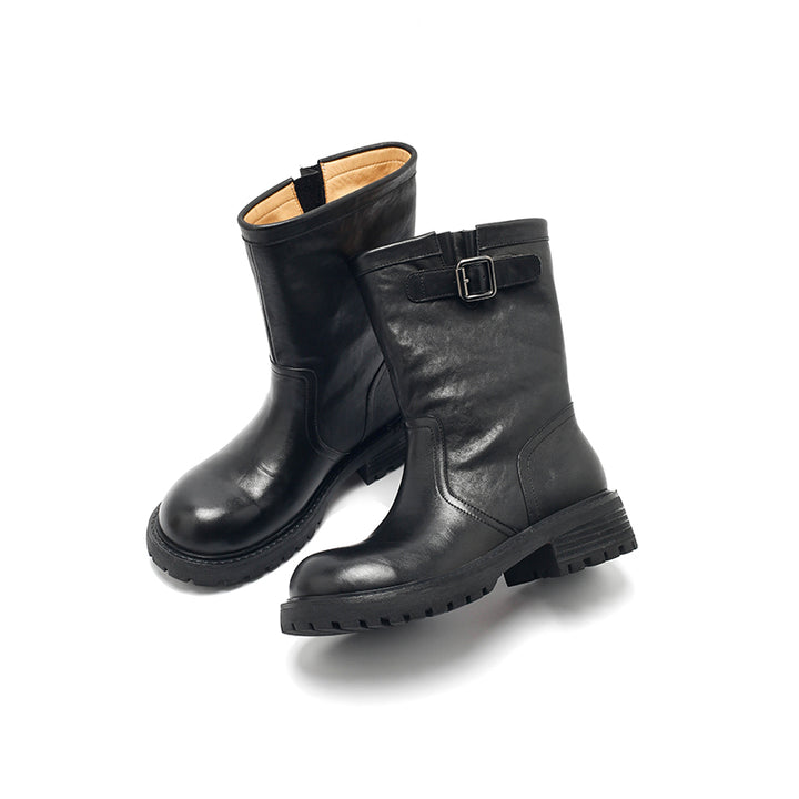 Dwarves Handmade Leather Buckle Strap Mid-Calf Engineer Boots in Yellow/Reddish Brown/Black