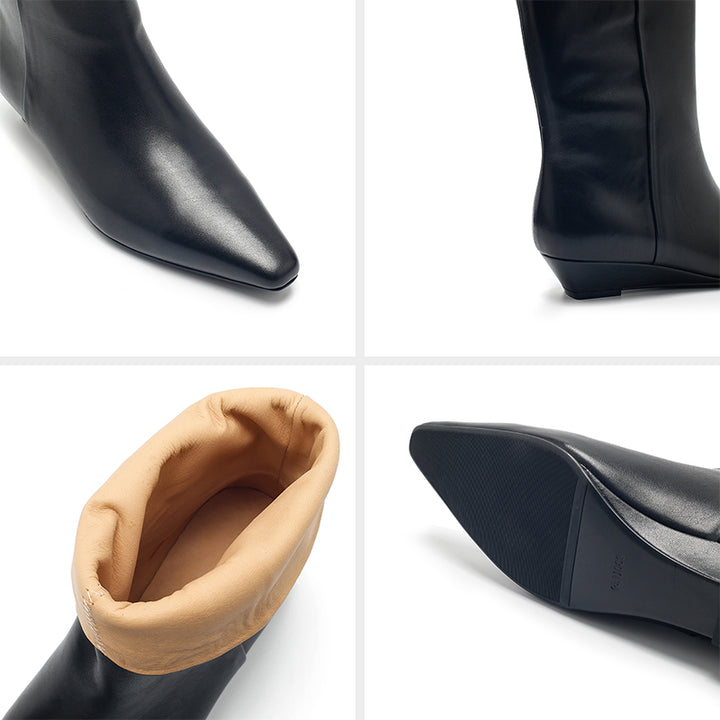 Dwarves Almond Toe Wedge Mid-Ankle Boots Soft Oil-Waxed Leather Straight Shaft Boots in Black