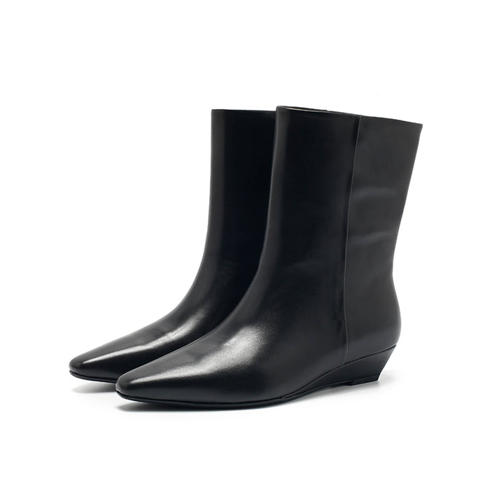 Dwarves Almond Toe Wedge Mid-Ankle Boots Soft Oil-Waxed Leather Straight Shaft Boots in Black
