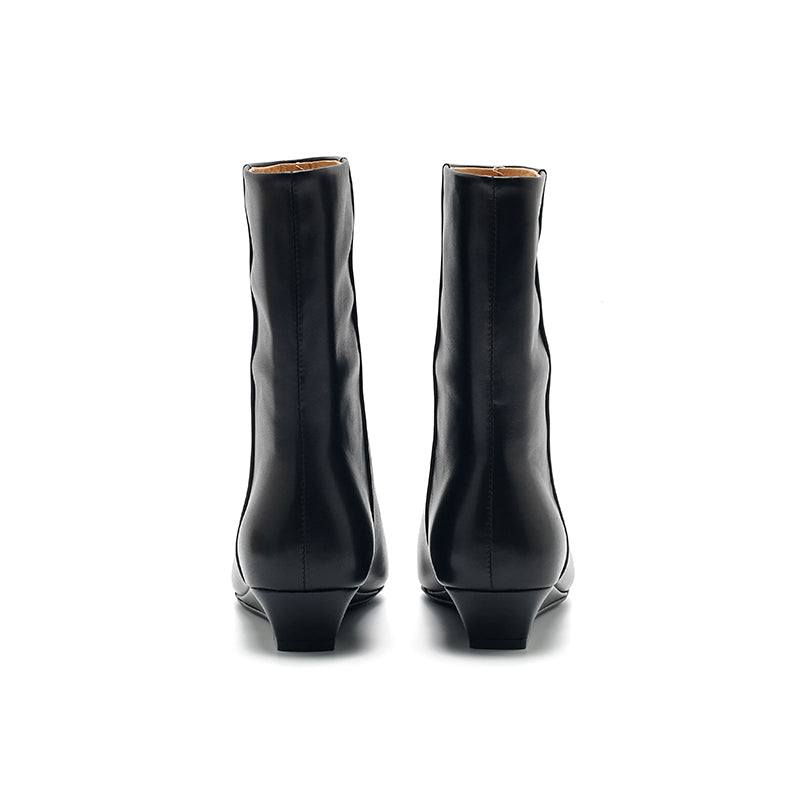 Dwarves Almond Toe Wedge Mid-Ankle Boots Soft Oil-Waxed Leather Straight Shaft Boots in Black