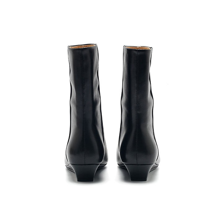 Dwarves Almond Toe Wedge Mid-Ankle Boots Soft Oil-Waxed Leather Straight Shaft Boots in Black