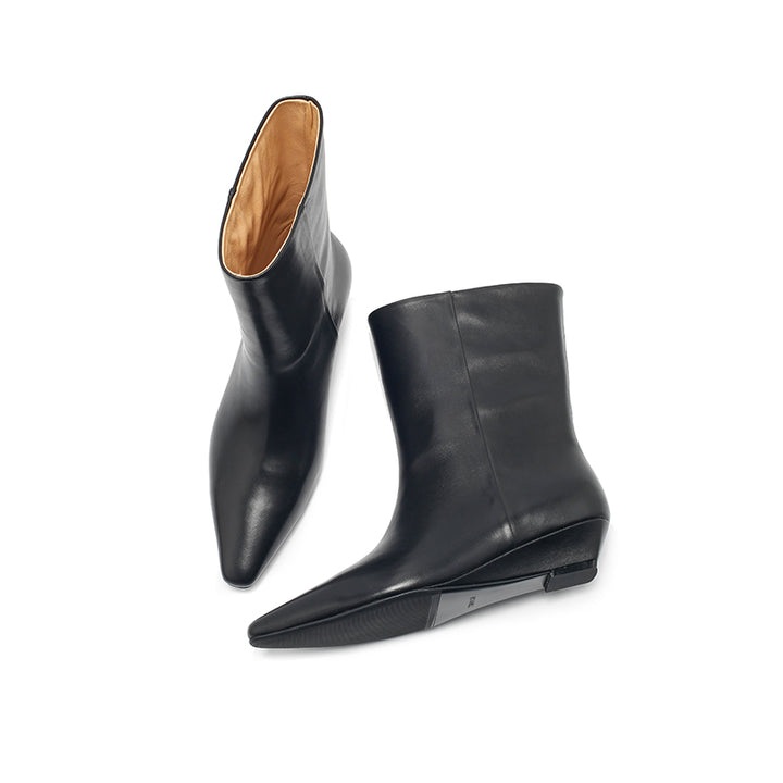 Dwarves Almond Toe Wedge Mid-Ankle Boots Soft Oil-Waxed Leather Straight Shaft Boots in Black