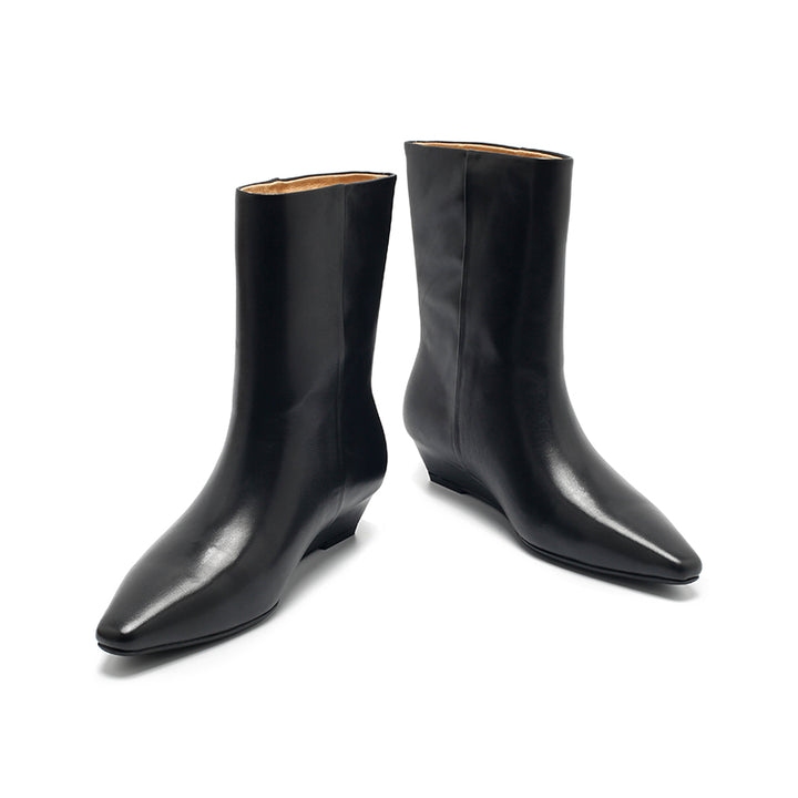 Dwarves Almond Toe Wedge Mid-Ankle Boots Soft Oil-Waxed Leather Straight Shaft Boots in Black