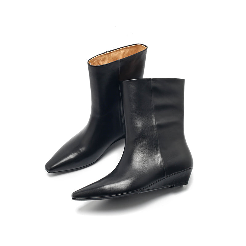 Dwarves Almond Toe Wedge Mid-Ankle Boots Soft Oil-Waxed Leather Straight Shaft Boots in Black