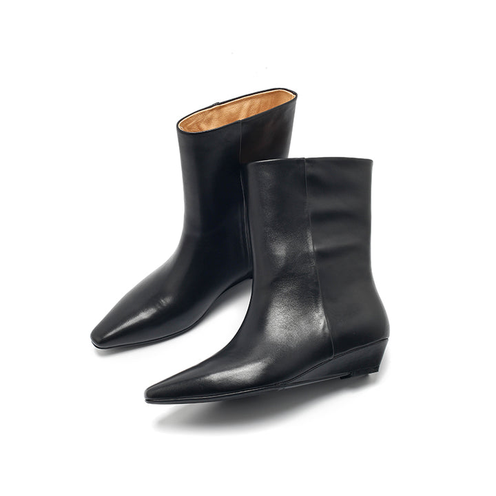 Dwarves Almond Toe Wedge Mid-Ankle Boots Soft Oil-Waxed Leather Straight Shaft Boots in Black