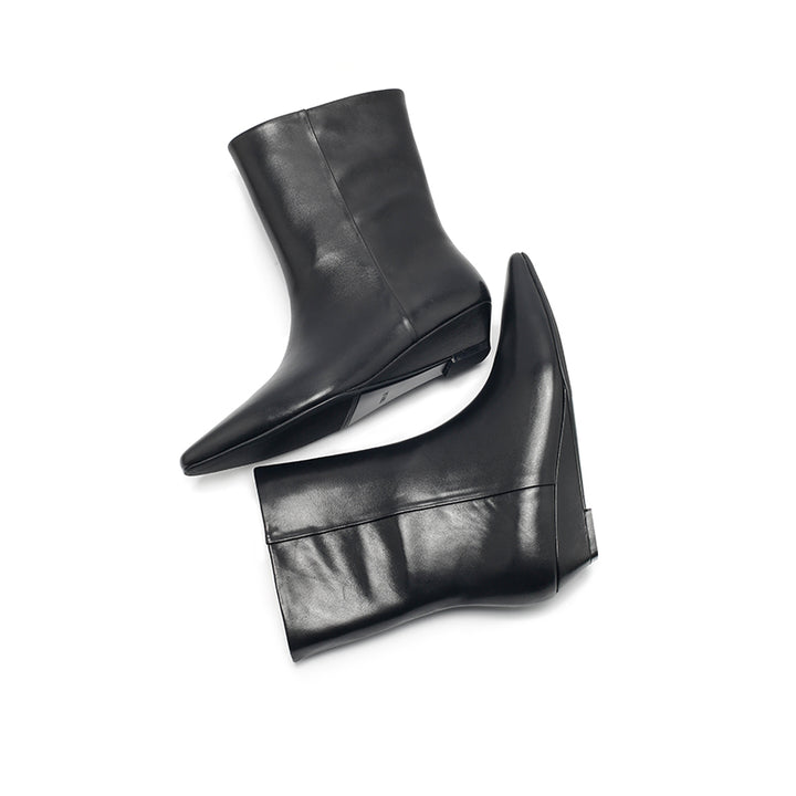 Dwarves Almond Toe Wedge Mid-Ankle Boots Soft Oil-Waxed Leather Straight Shaft Boots in Black