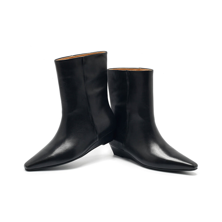 Dwarves Almond Toe Wedge Mid-Ankle Boots Soft Oil-Waxed Leather Straight Shaft Boots in Black