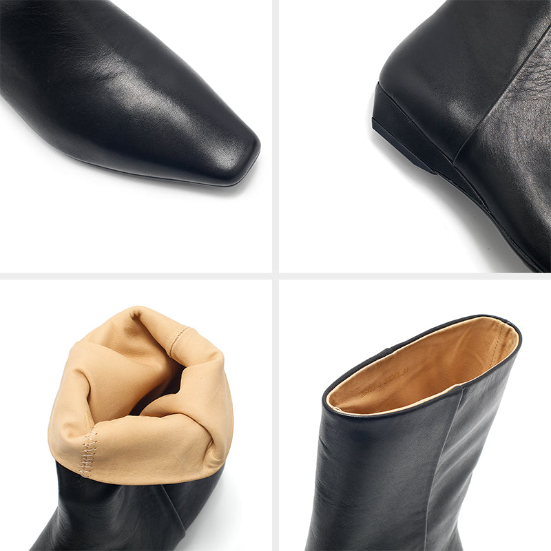 Dwarves Wedge Pull‑On Mid-Calf Boots Soft Oil-Waxed Leather Straight Shaft Boots in Black
