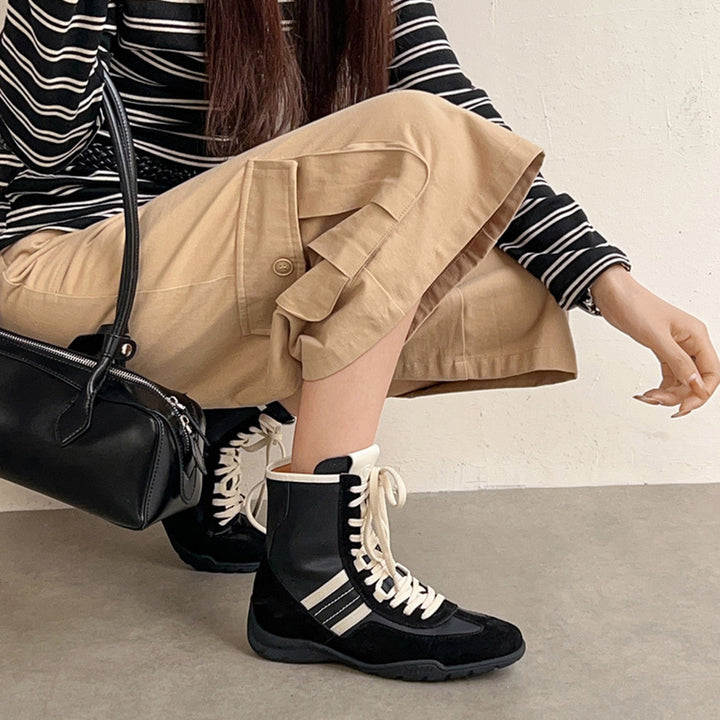 Leather Mix Lace Up High Top Ankle Boots Sporty Western Combat Boots in Black/Brown/Yellow