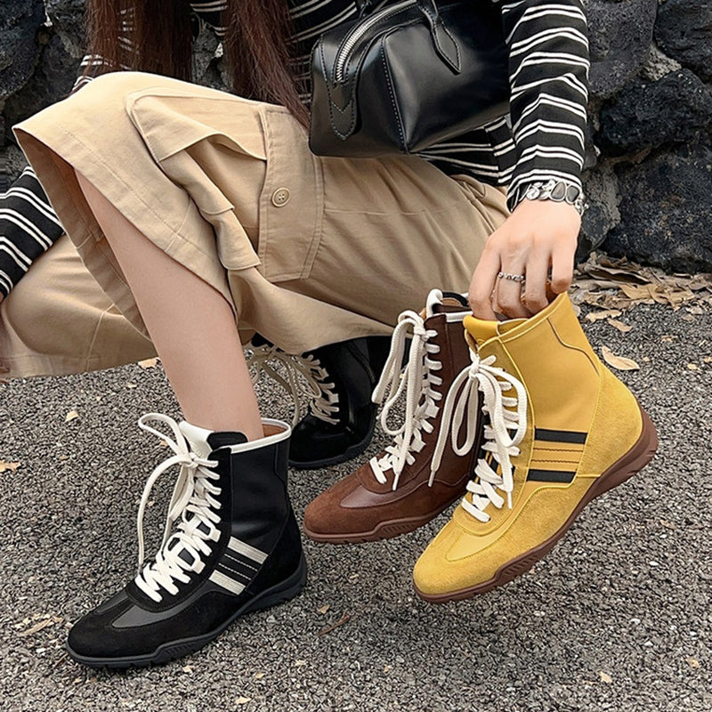 Leather Mix Lace Up High Top Ankle Boots Sporty Western Combat Boots in Black/Brown/Yellow