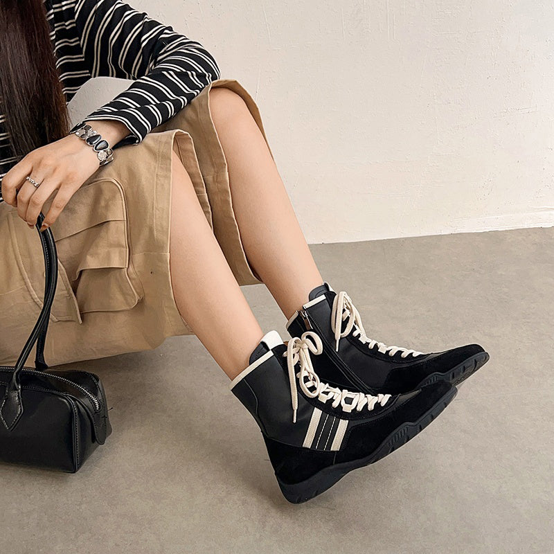 Leather Mix Lace Up High Top Ankle Boots Sporty Western Combat Boots in Black/Brown/Yellow