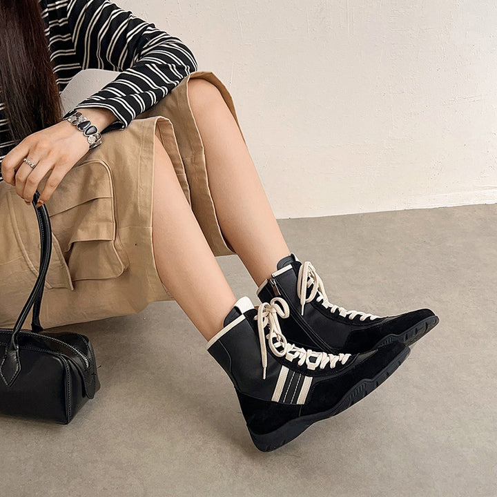 Leather Mix Lace Up High Top Ankle Boots Sporty Western Combat Boots in Black/Brown/Yellow