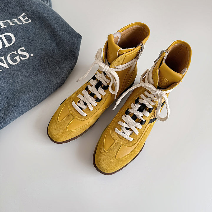 Leather Mix Lace Up High Top Ankle Boots Sporty Western Combat Boots in Black/Brown/Yellow
