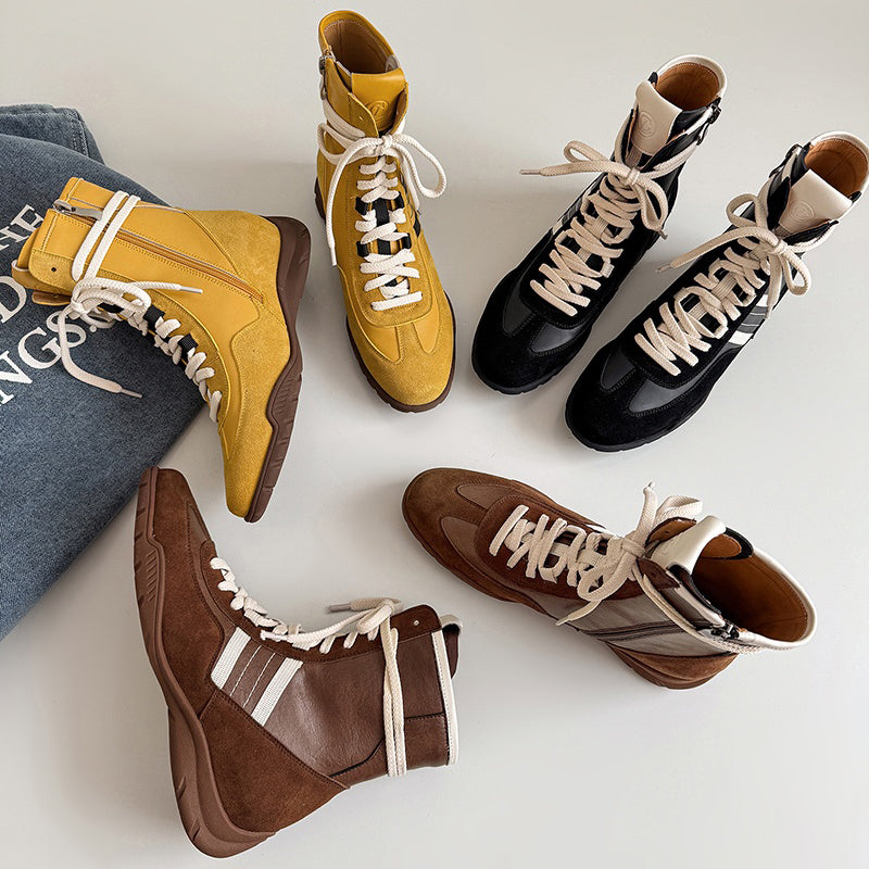 Leather Mix Lace Up High Top Ankle Boots Sporty Western Combat Boots in Black/Brown/Yellow