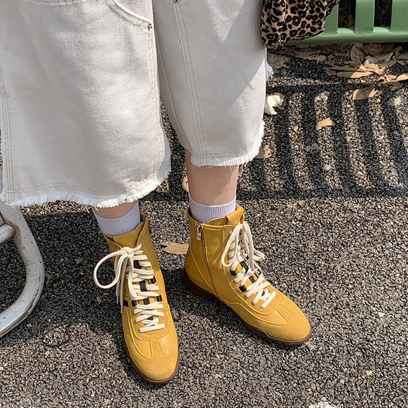 Leather Mix Lace Up High Top Ankle Boots Sporty Western Combat Boots in Black/Brown/Yellow